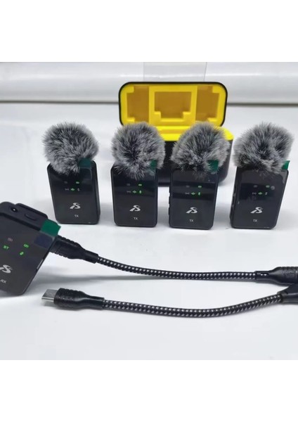 SX13 4 Mikrofonlu Iphone ve Type-C Uyumlu Kablosuz Yaka Mikrofonu Şarj Göstergeli Gürültü Azaltma 100 Metre