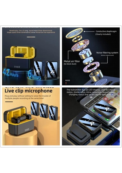 SX13 4 Mikrofonlu Iphone ve Type-C Uyumlu Kablosuz Yaka Mikrofonu Şarj Göstergeli Gürültü Azaltma 100 Metre