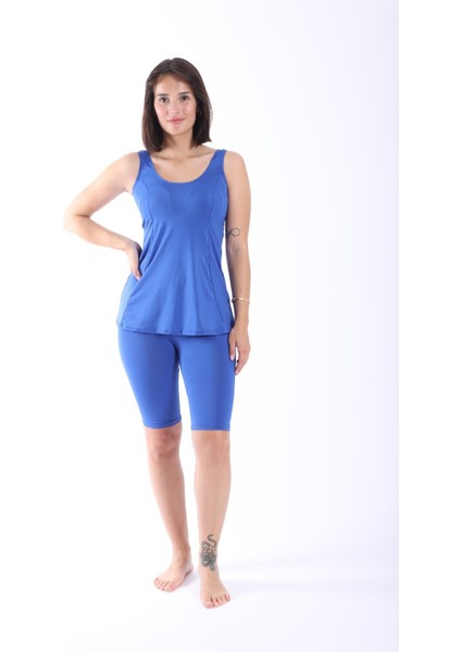 Kadın Dizüstü Taytlı Tankini Mavi Mayo Takımı 38-52