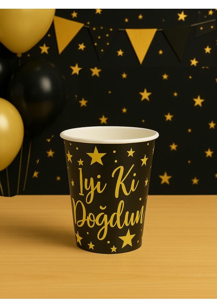 Karton Bardak Doğum Günü Parti Bardağı Gold İyi ki Doğdun Yazılı Siyah 6'li
