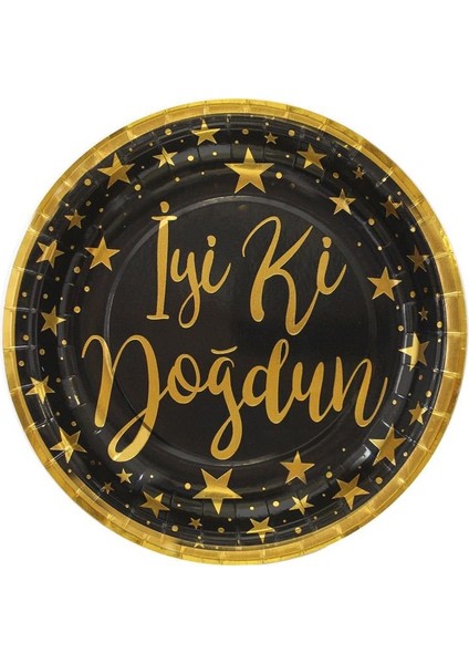 Karton Tabak Doğum Günü Parti Tabağı Gold Iyi Ki Doğdun Yazılı Siyah 8'li