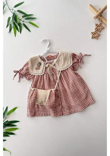 Tavşan Işleme Detaylı Pötikare Kız Çocuk Çantalı elbise - Pembe