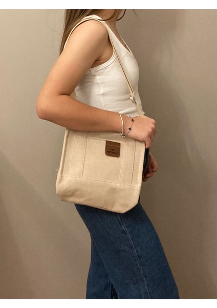 El ve Omuz Çantası Kanvas Tote Bag Krem