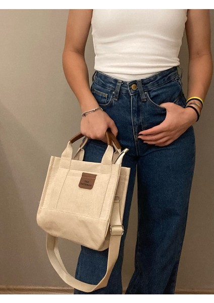 El ve Omuz Çantası Kanvas Tote Bag Krem