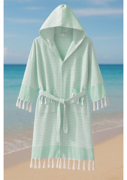 Kapşonlu Unisex Peştemal Plaj Bornozu %100 Pamuklu Seaside Stripe
