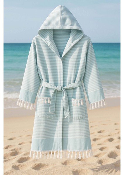 Kapşonlu Unisex Peştemal Plaj Bornozu %100 Pamuklu Seaside Stripe