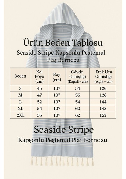 Kapşonlu Unisex Peştemal Plaj Bornozu %100 Pamuklu Seaside Stripe