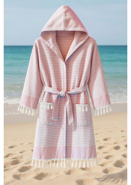 Kapşonlu Unisex Peştemal Plaj Bornozu %100 Pamuklu Seaside Stripe