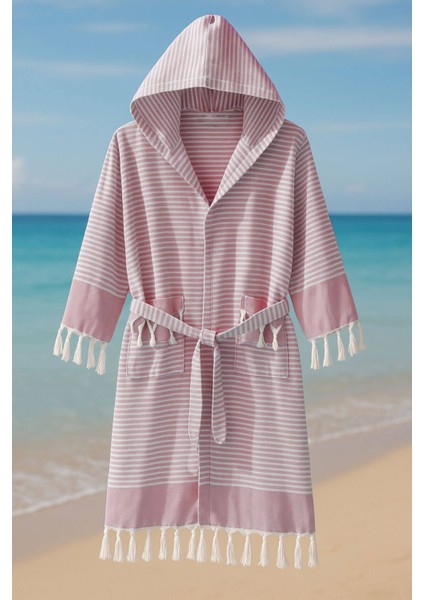 Kapşonlu Unisex Peştemal Plaj Bornozu %100 Pamuklu Seaside Stripe