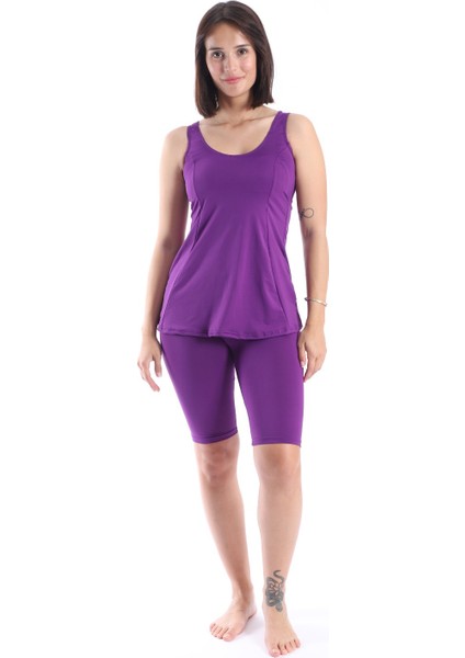 Kadın Dizüstü Taytlı Tankini Mor Mayo Takımı 38-52