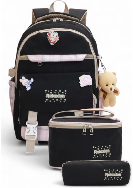 Relaxion 2144-1396 Kore Tarzı Unisex Çocuk Üçlü Set Ilkokul Sırt Çantası - NKT02144-SIYAH-PEMBE-TEKEBAT
