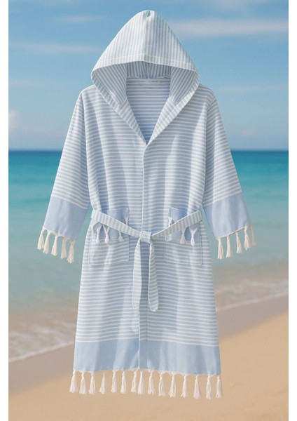 Kapşonlu Unisex Peştemal Plaj Bornozu %100 Pamuklu Seaside Stripe