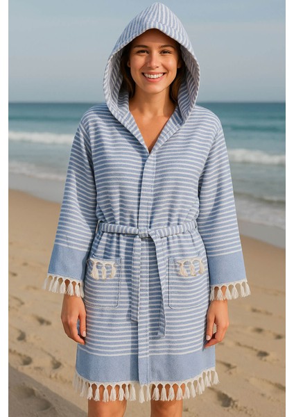 Kapşonlu Unisex Peştemal Plaj Bornozu %100 Pamuklu Seaside Stripe fiyatları