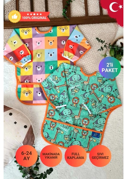 Safari ve Kare Ayılar Desenli 2'li Paket Sıvı Geçirmez Unisex Aktivite ve Mama Önlüğü 6-24 Ay