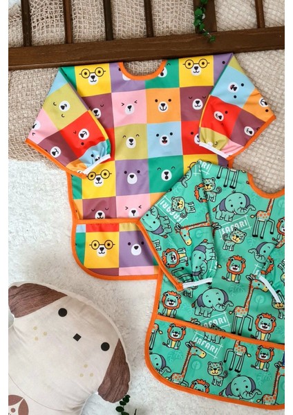 Safari ve Kare Ayılar Desenli 2'li Paket Sıvı Geçirmez Unisex Aktivite ve Mama Önlüğü 6-24 Ay modelleri