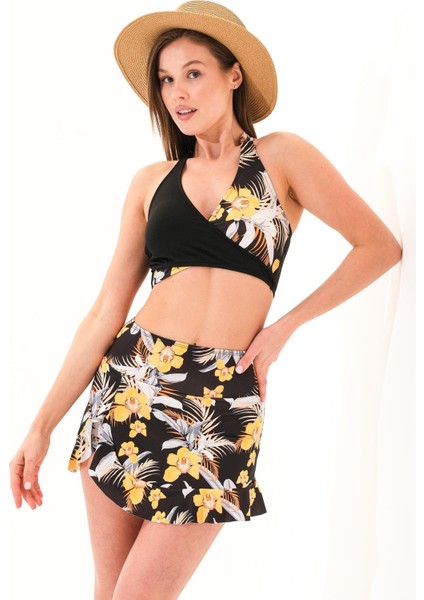 725714_KADIN Hawai Desenli Volanlı Şort Etekli Çapraz Geçişli Croplu Deniz/havuz Mayosu fiyatları