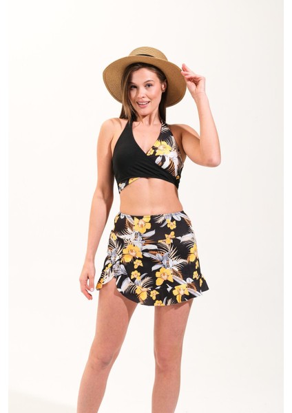 725714_KADIN Hawai Desenli Volanlı Şort Etekli Çapraz Geçişli Croplu Deniz/havuz Mayosu fırsatları
