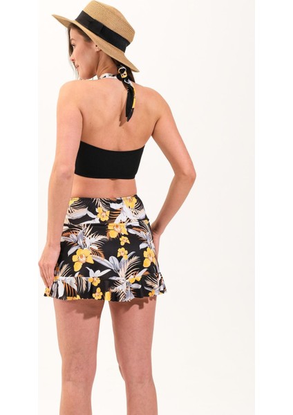725714_KADIN Hawai Desenli Volanlı Şort Etekli Çapraz Geçişli Croplu Deniz/havuz Mayosu indirimleri