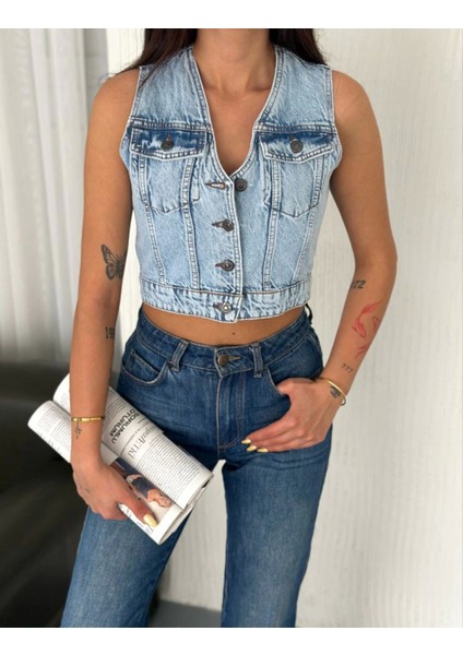 Kot Jeans Yelek - Buz Mavisi
