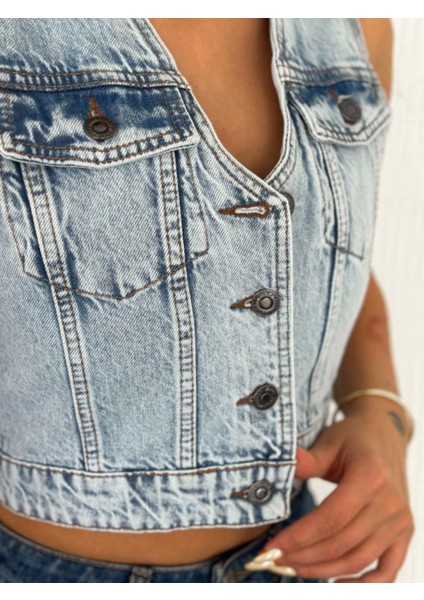 Kot Jeans Yelek - Buz Mavisi