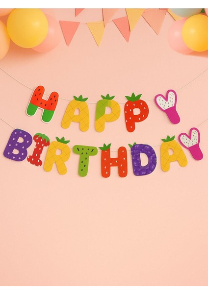Renkli Meyve Temalı Happy Birthday Yazı Banner Doğum Günü Parti Süsü