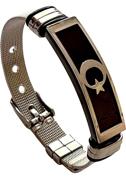 Ay Yıldız Türk Bayrağı Hasır Kemer Kordon Çelik Erkek Bileklik 21 cm