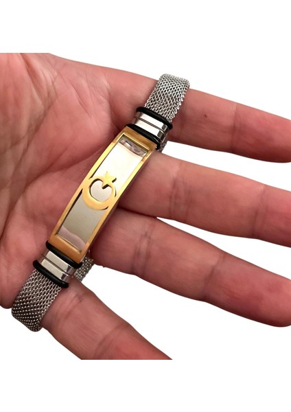 Ay Yıldız Türk Bayrağı Hasır Hafif Kordon Çelik Erkek Bileklik 23 cm