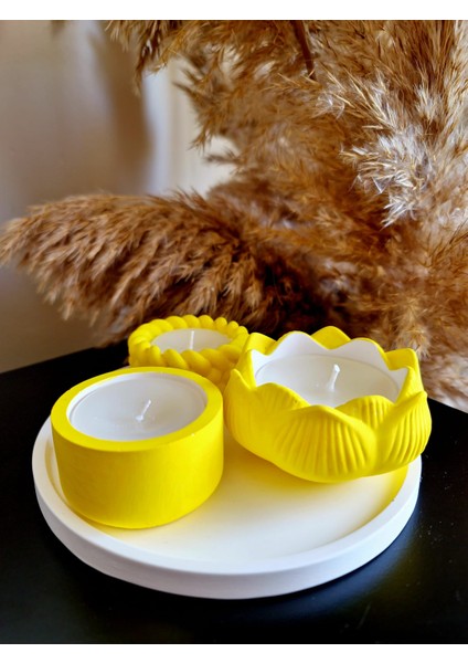 Beyaz 4'lü Set (16CM Sunum Tepsisi ) & Dekoratif Set & Hediyelik Set / Sarı - Beyaz Zarifliğinde Mum modelleri