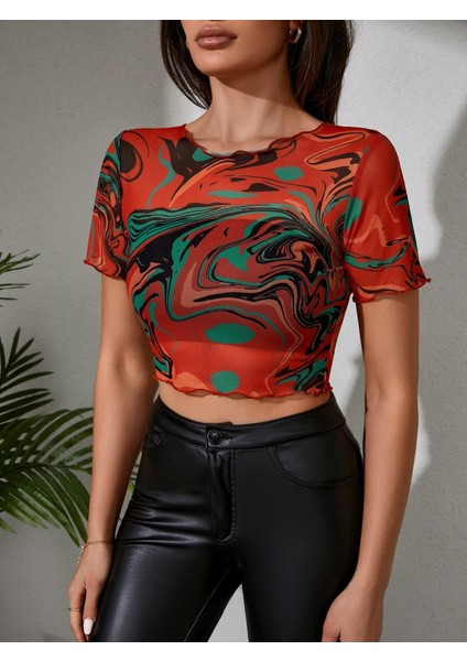 Kadın Çok Renk Baskı Detaylı Crop Tül Bluz