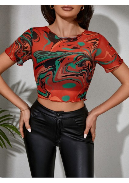 Kadın Çok Renk Baskı Detaylı Crop Tül Bluz modelleri