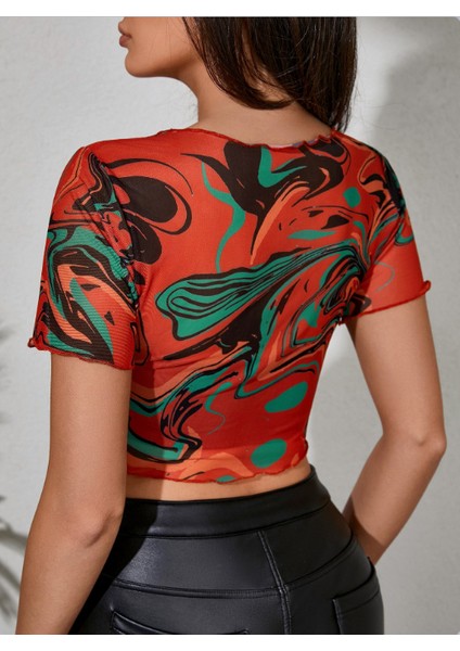 Kadın Çok Renk Baskı Detaylı Crop Tül Bluz fırsatları