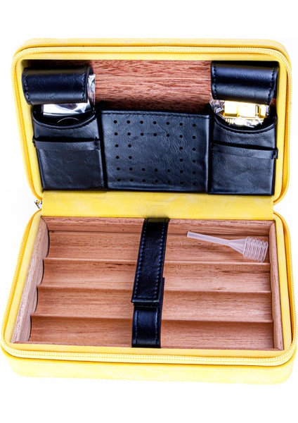 Sarı-Siyah Çakmak Kesicili Deri Puro Taşıma Çantası & Seyahat Humidoru modelleri