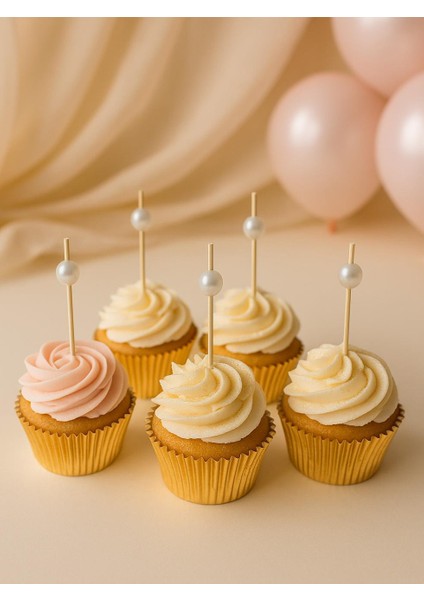 Incili Kürdan Süslü Dekoratif Cupcake Kokteyl Kürdanı Beyaz 12'li