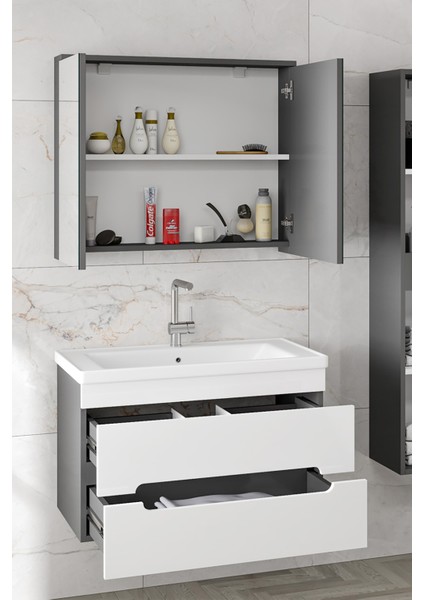 Alpi 80 cm Seramik Lavabolu Banyo Dolabı Seti-Mdf-Hazır Kurulu-- fiyatları