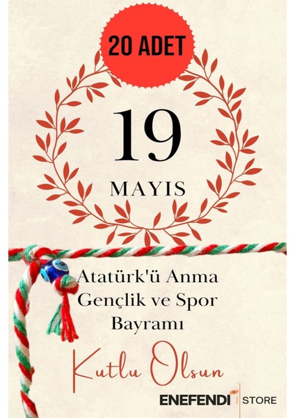 20 Adet 19 Mayıs Tebrik Kartlı Nazar Boncuklu Marteniçka Bileklik Kırmızı Yeşil Beyaz Hediye Şans