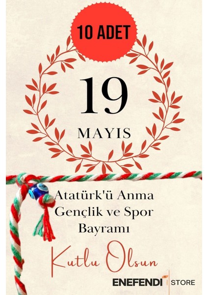 10 Adet 19 Mayıs Tebrik Kartlı Nazar Boncuklu Marteniçka Bileklik Kırmızı Yeşil Beyaz Hediye Şans