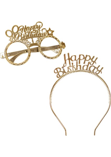 Happy Birthday Taç Gözlük Set Doğum Günü Parti Aksesuarı Gold