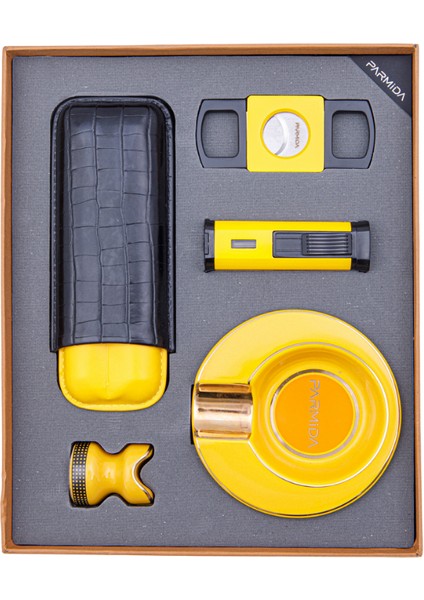 Çakmak Kesici Kılıf Küllük Sehpa Beşli Sarı Puro Seti