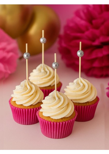 Incili Kürdan Süslü Dekoratif Cupcake Kokteyl Kürdanı Gümüş 12'li
