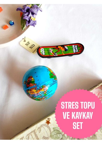 2li Set Topu 6.3 cm Çapında Dünya Haritalı ve Plastik Parmak Kaykay 10 cm Hediye Oyuncak