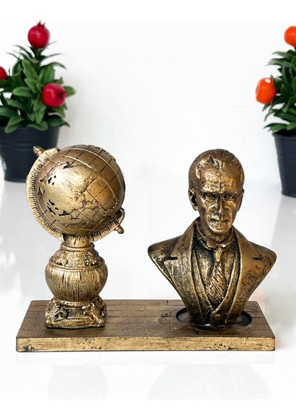 Atatürk ve Dünya Küresi Figürü | Dekoratif Anı ve Masa Üstü Biblo Hediyelik Eşya Gold Renk