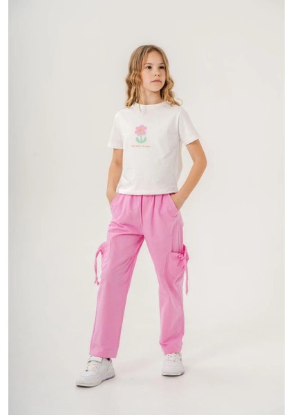 Kız Çocuk Pamuklu Beyaz Çiçek Baskılı T-Shirt ve Pembe Cepli Pantolon Takım fırsatları