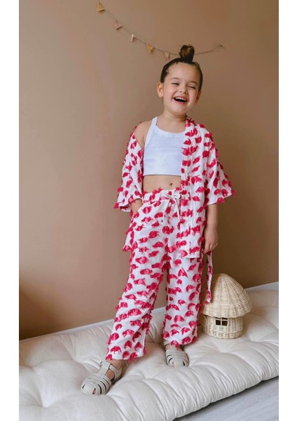 Kız Çocuk Pamuklu Beyaz Püskül Detaylı Kimono ve Pantolon Takım fırsatları