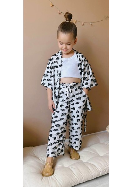 Kız Çocuk Pamuklu Beyaz Püskül Detaylı Kimono ve Pantolon Takım
