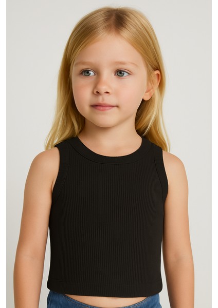 Kız Çocuk Pamuklu Ribana Kolsuz Crop T-Shirt
