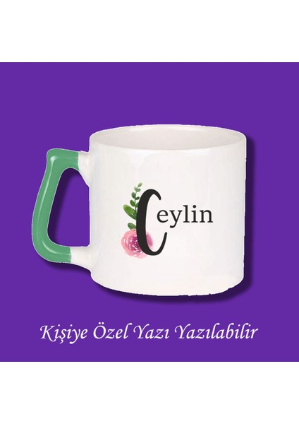 Isme Özel Baş Harf ve Isim Baskılı Çiçek Desenli Renkli Kupa Bardak ve Kahve Fincanı modelleri