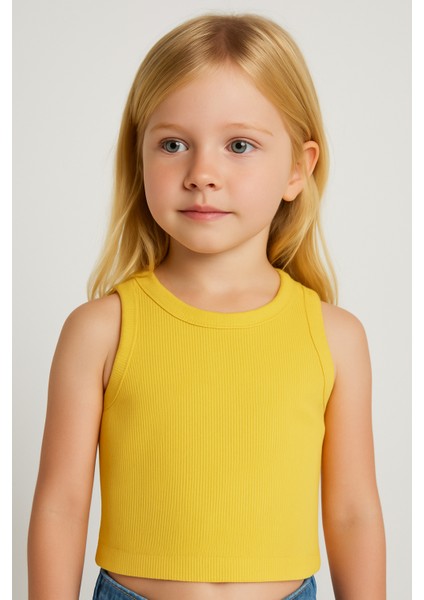Kız Çocuk Pamuklu Ribana Kolsuz Crop T-Shirt