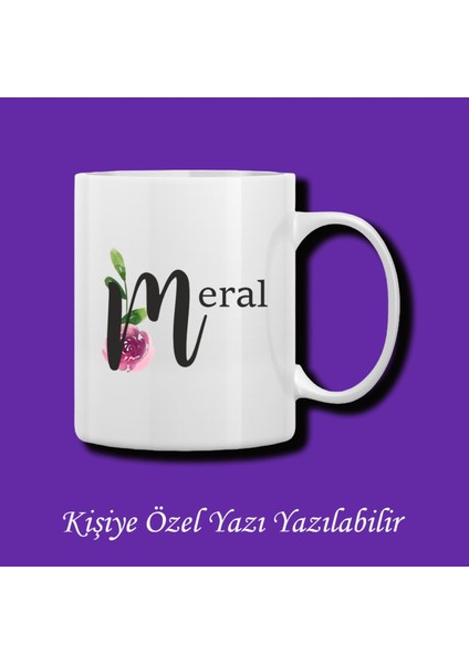 Isme Özel Baş Harf ve Isim Baskılı Çiçek Desenli Renkli Kupa Bardak ve Kahve Fincanı