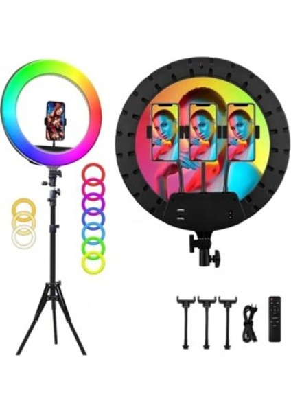 Kumandalı, 21 Inç Rgb Renkli Işık 210 cm Tripod Tiktok, Makyaj, Youtuber Ring Light