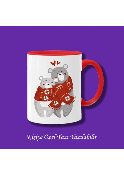 Sevgili ve Eşlere Özel Ayıcık Tasarımlı Isim Yazı Yazılabilir Kırmızı Kupa Bardak